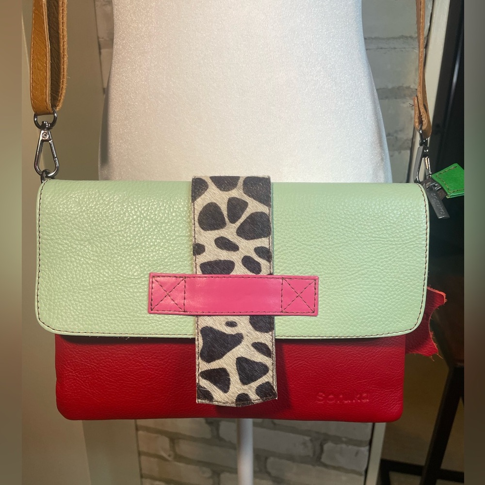 Soruka Leather Crossbody Bag / Clutch w/ Zebra Accent in Red, Pink and Green